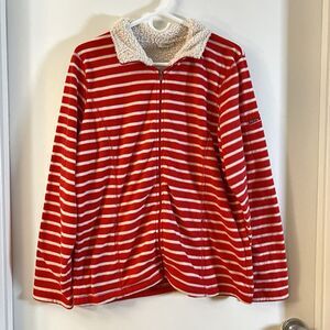 L.L. BEAN Jacket Sz XL Women Red Striped Full Zip Pocket Sherpa Collar